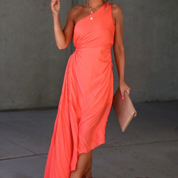 DESIREE PLEATED ONE SHOULDER CUTOUT ASYMMETRICAL MAXI DRESS - TANGERINE - Picture 3 of 4